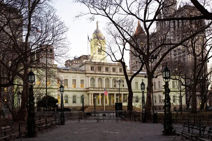 New York City Hall, center, and the Municipal Building, right, on January 9th, 2020.